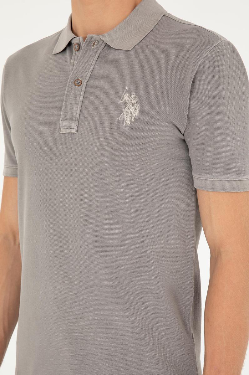 Erkek Slim Fit Polo Yaka Koyu Gri Basic Tişört