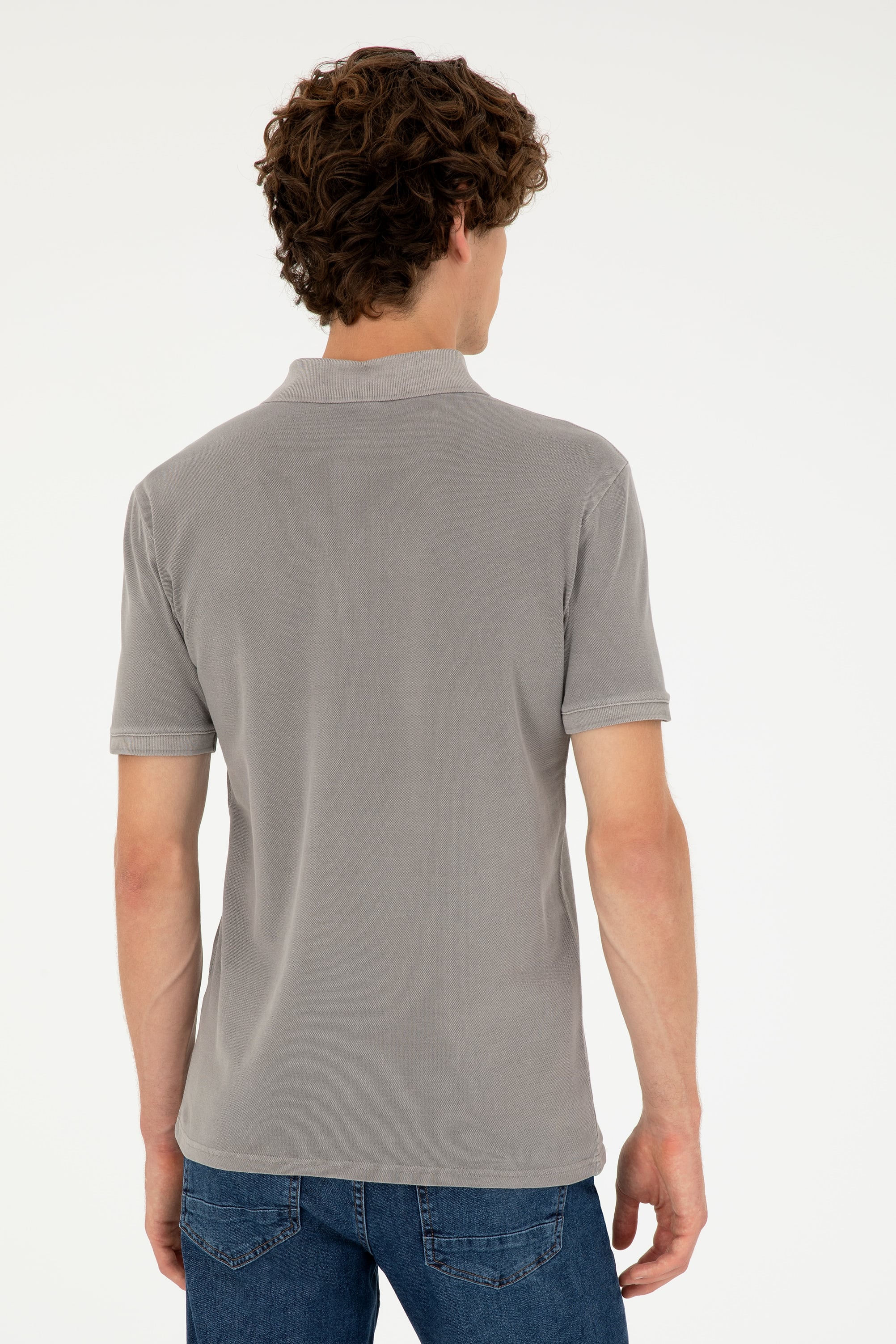 Erkek Slim Fit Polo Yaka Koyu Gri Basic Tişört