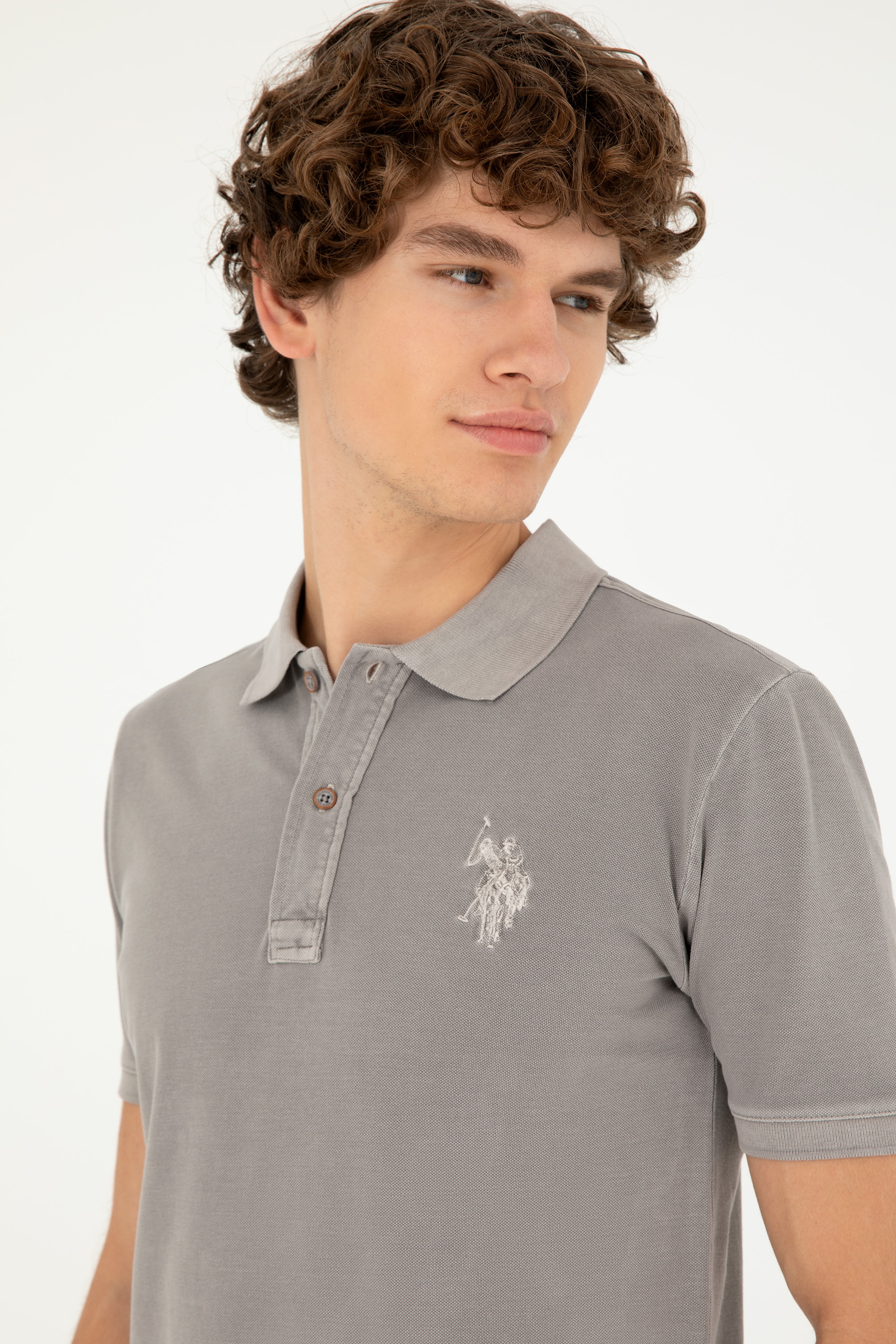 Erkek Slim Fit Polo Yaka Koyu Gri Basic Tişört - Image 2
