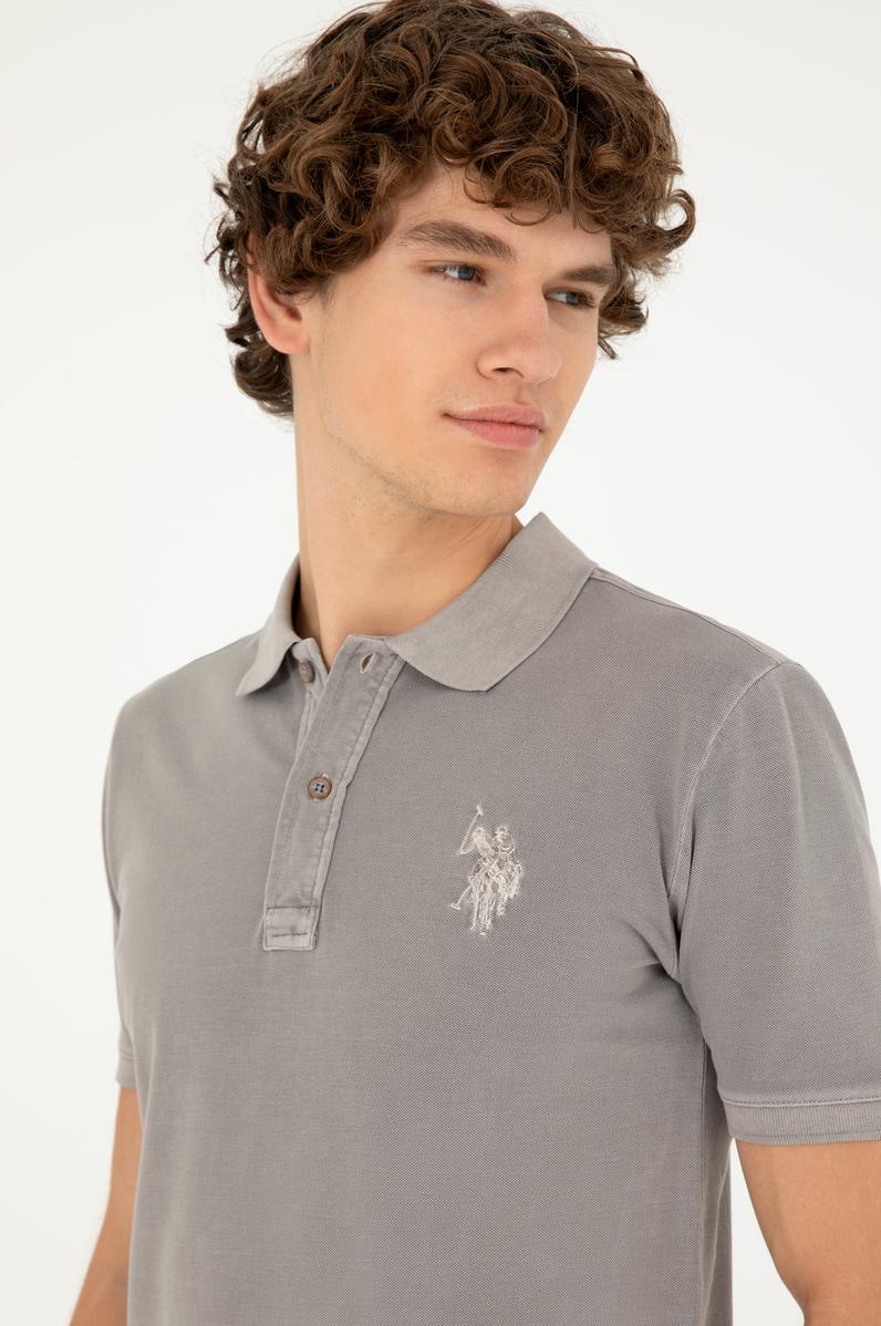 Erkek Slim Fit Polo Yaka Koyu Gri Basic Tişört