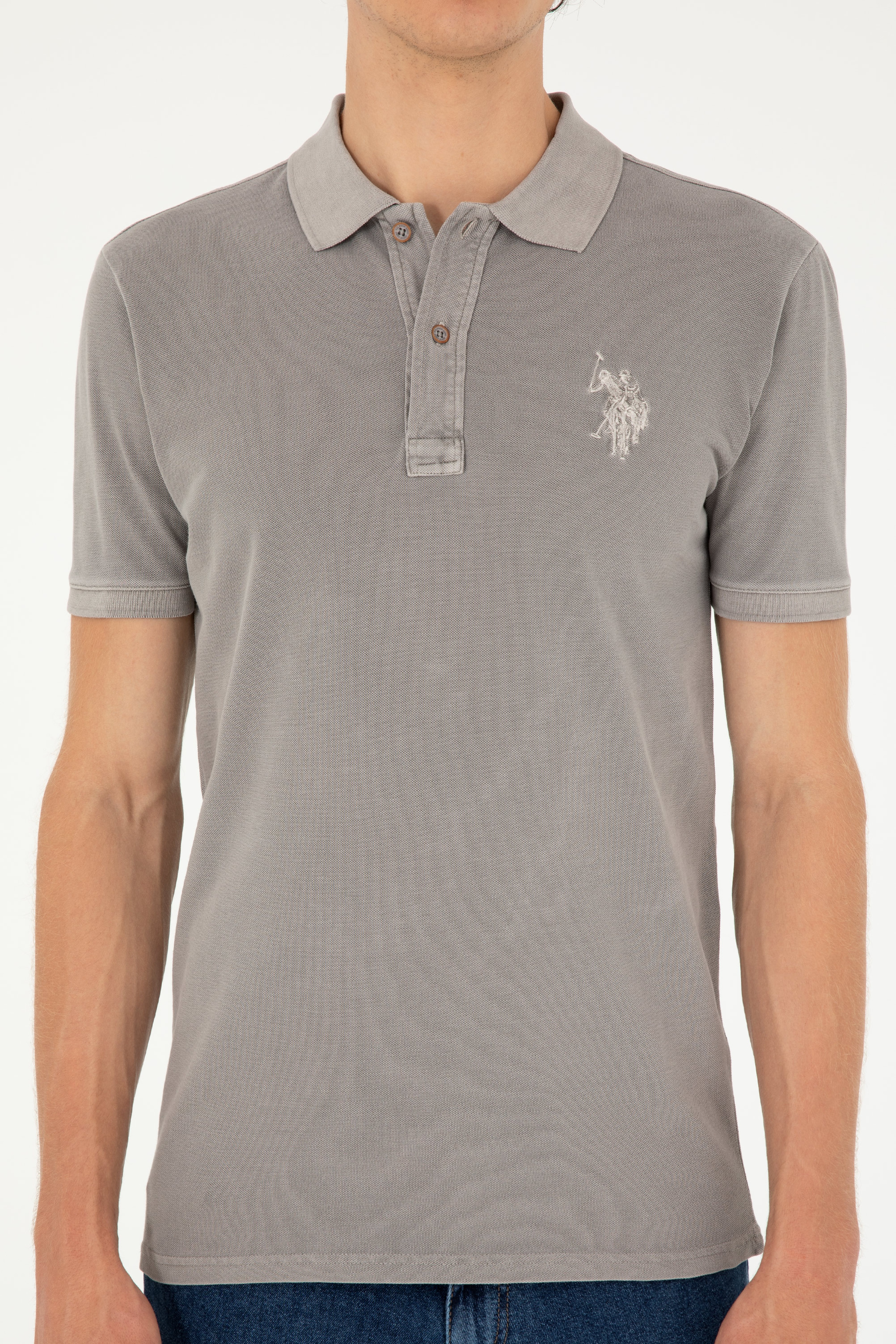 Erkek Slim Fit Polo Yaka Koyu Gri Basic Tişört - Image 6