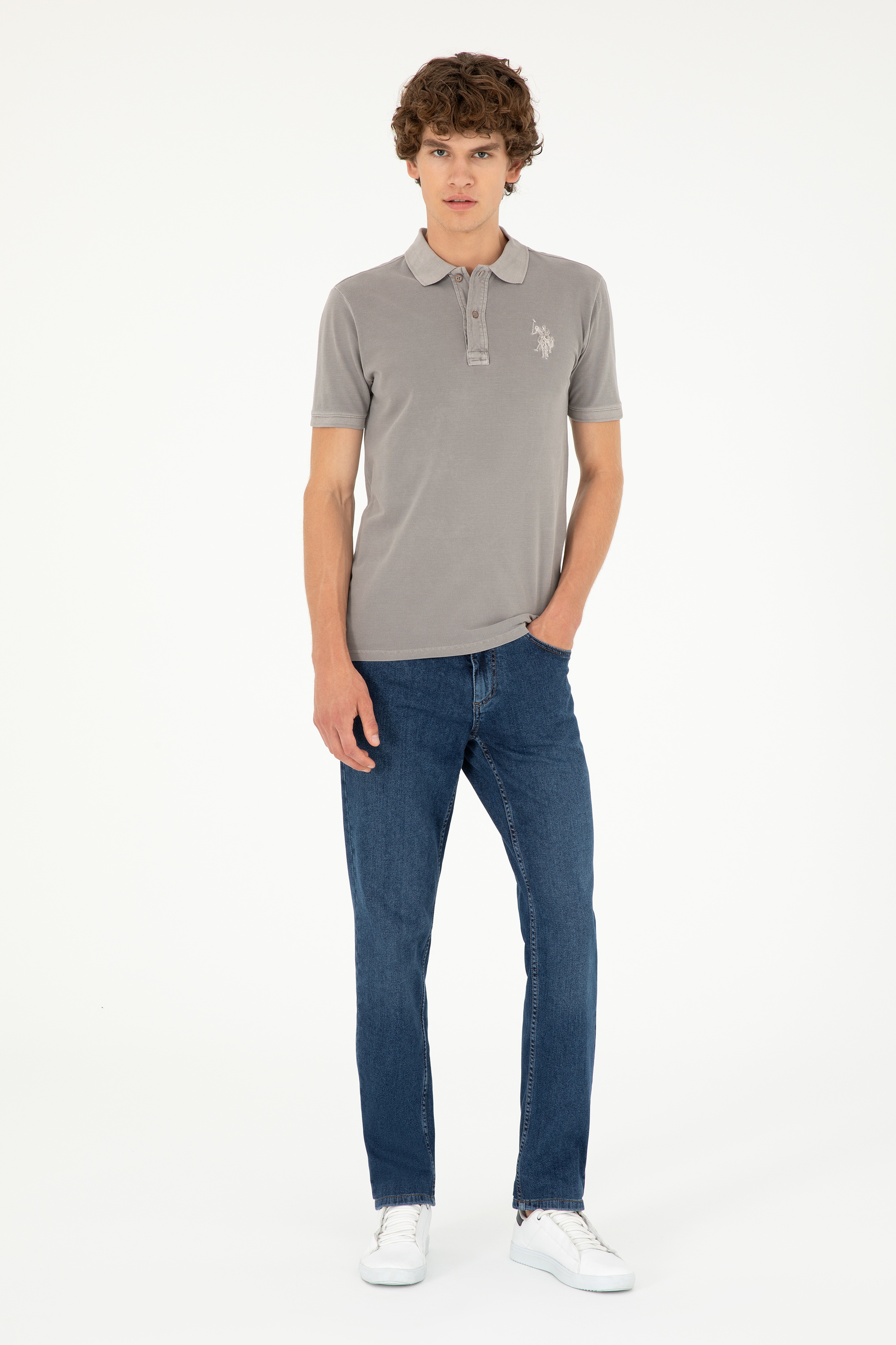 Erkek Slim Fit Polo Yaka Koyu Gri Basic Tişört