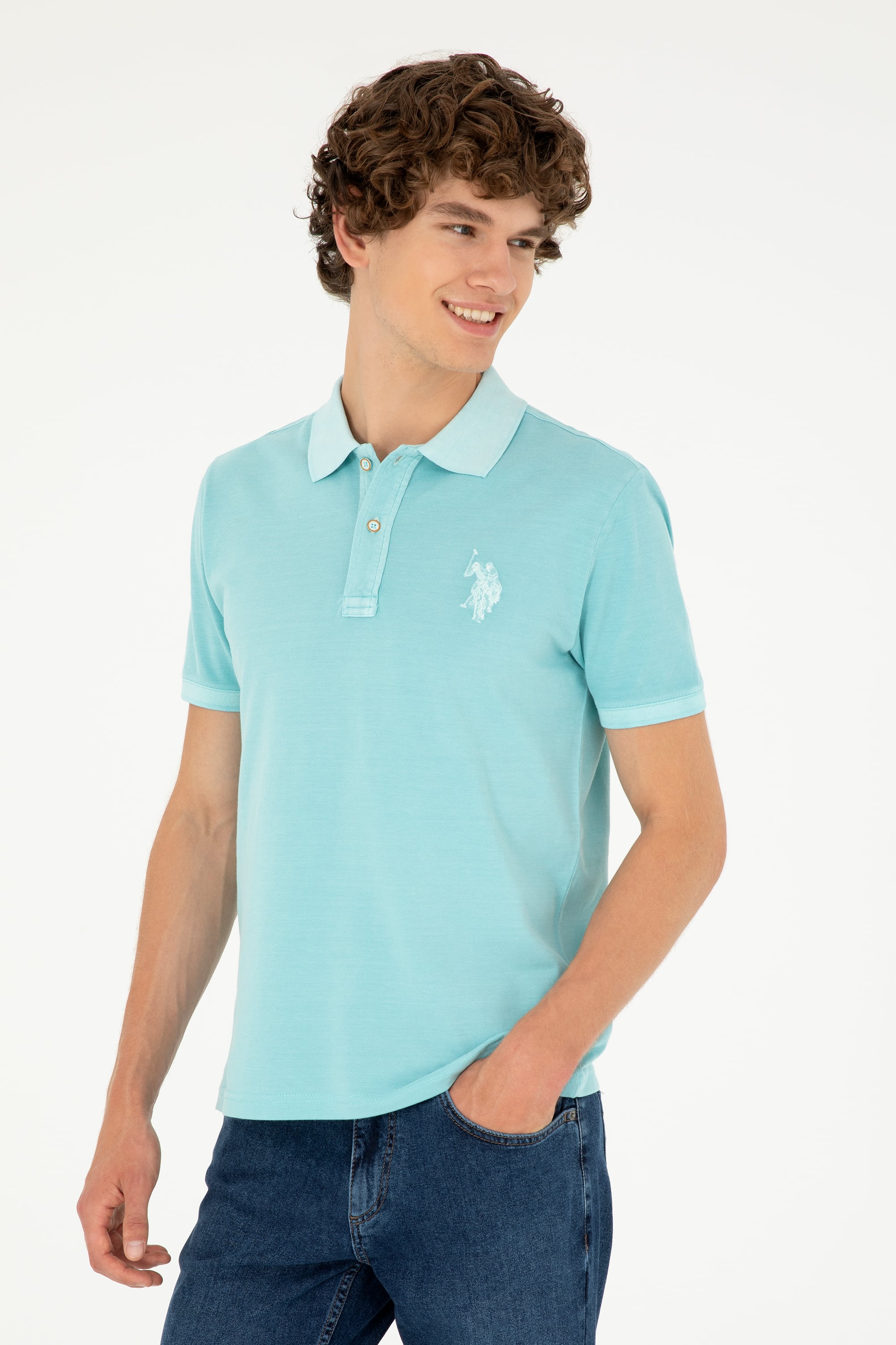 Erkek Slim Fit Polo Yaka Mint Basic Tişört - Image 1