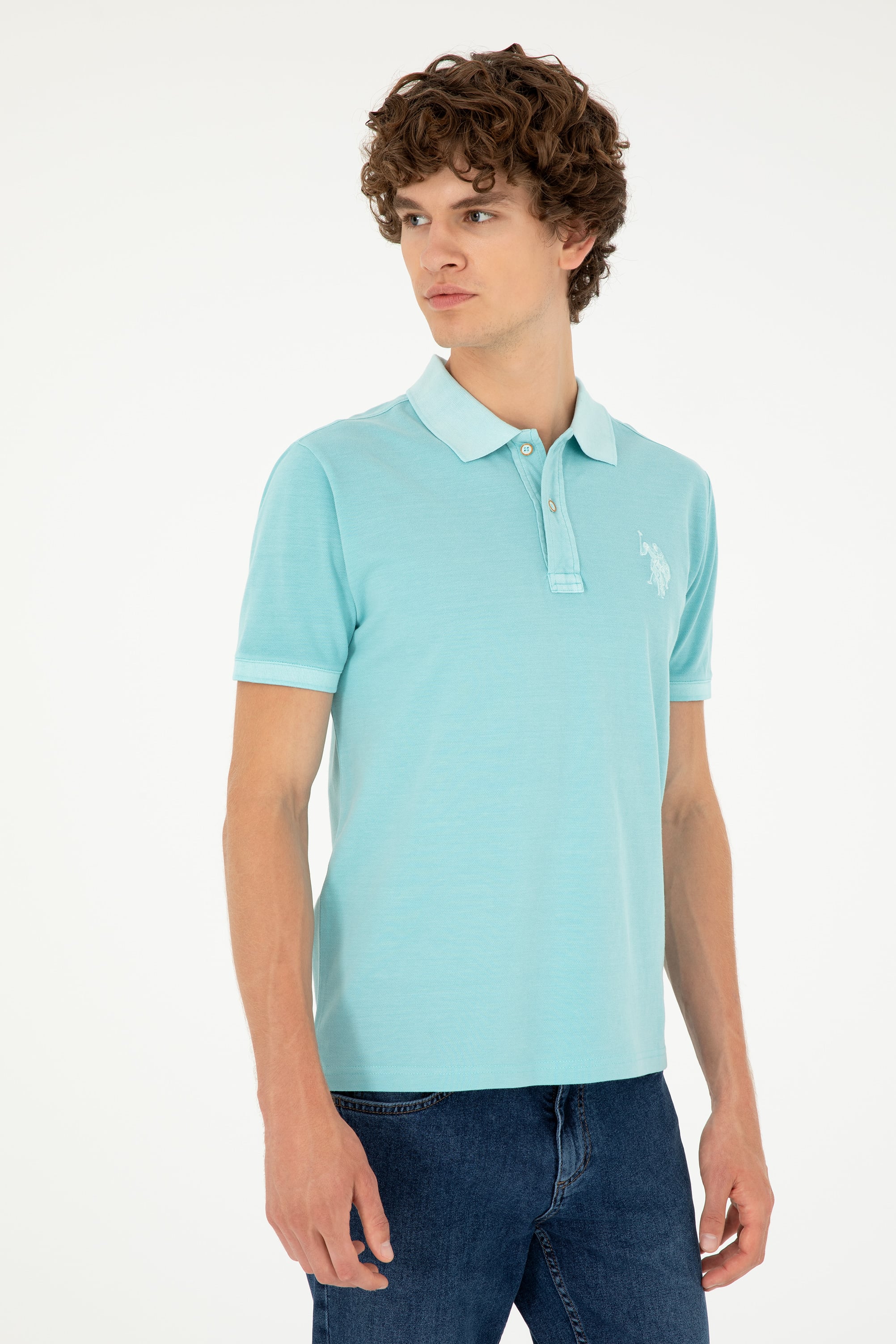 Erkek Slim Fit Polo Yaka Mint Basic Tişört - Image 3