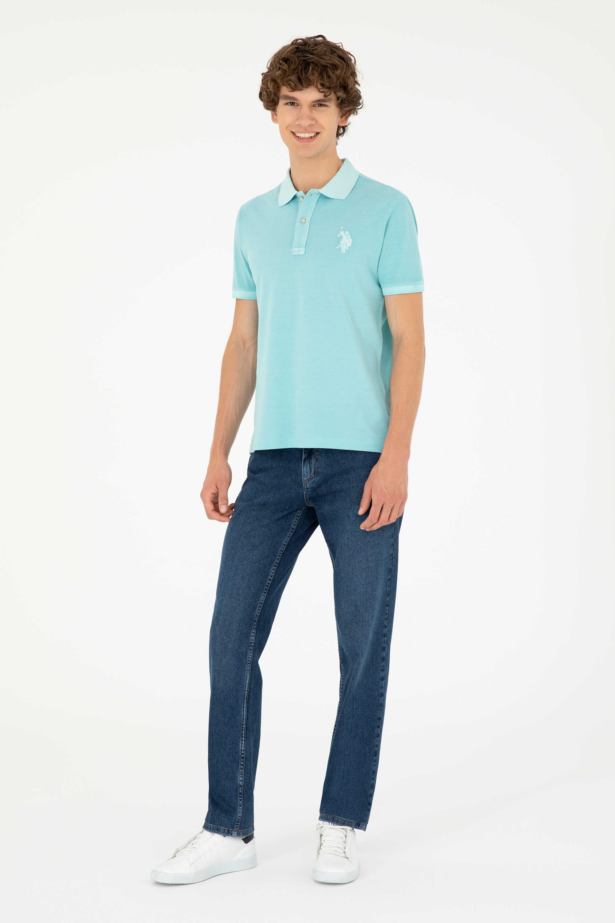 Erkek Slim Fit Polo Yaka Mint Basic Tişört - Image 4