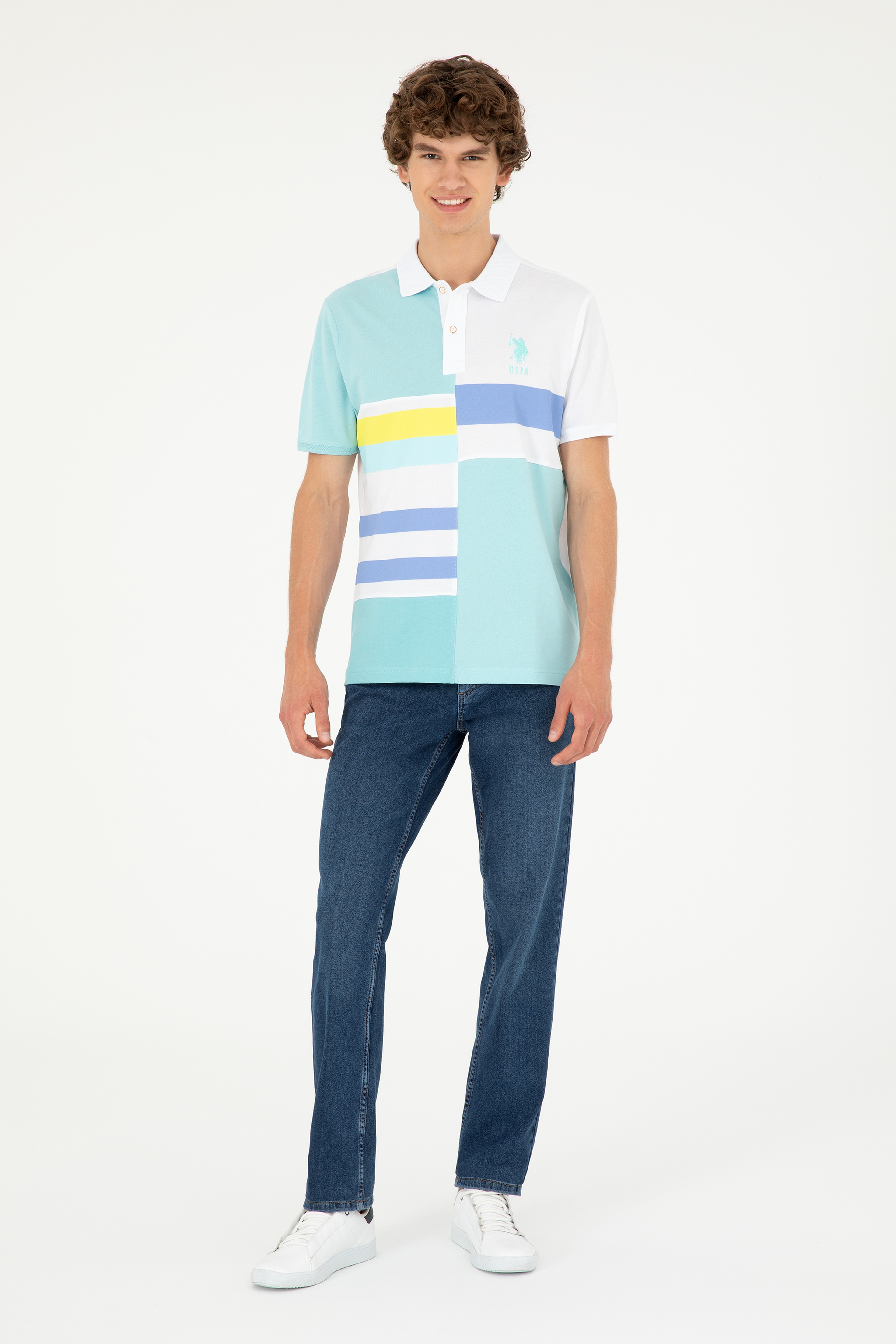 Erkek Regular Fit Polo Yaka Su Yeşili Tişört - Image 4