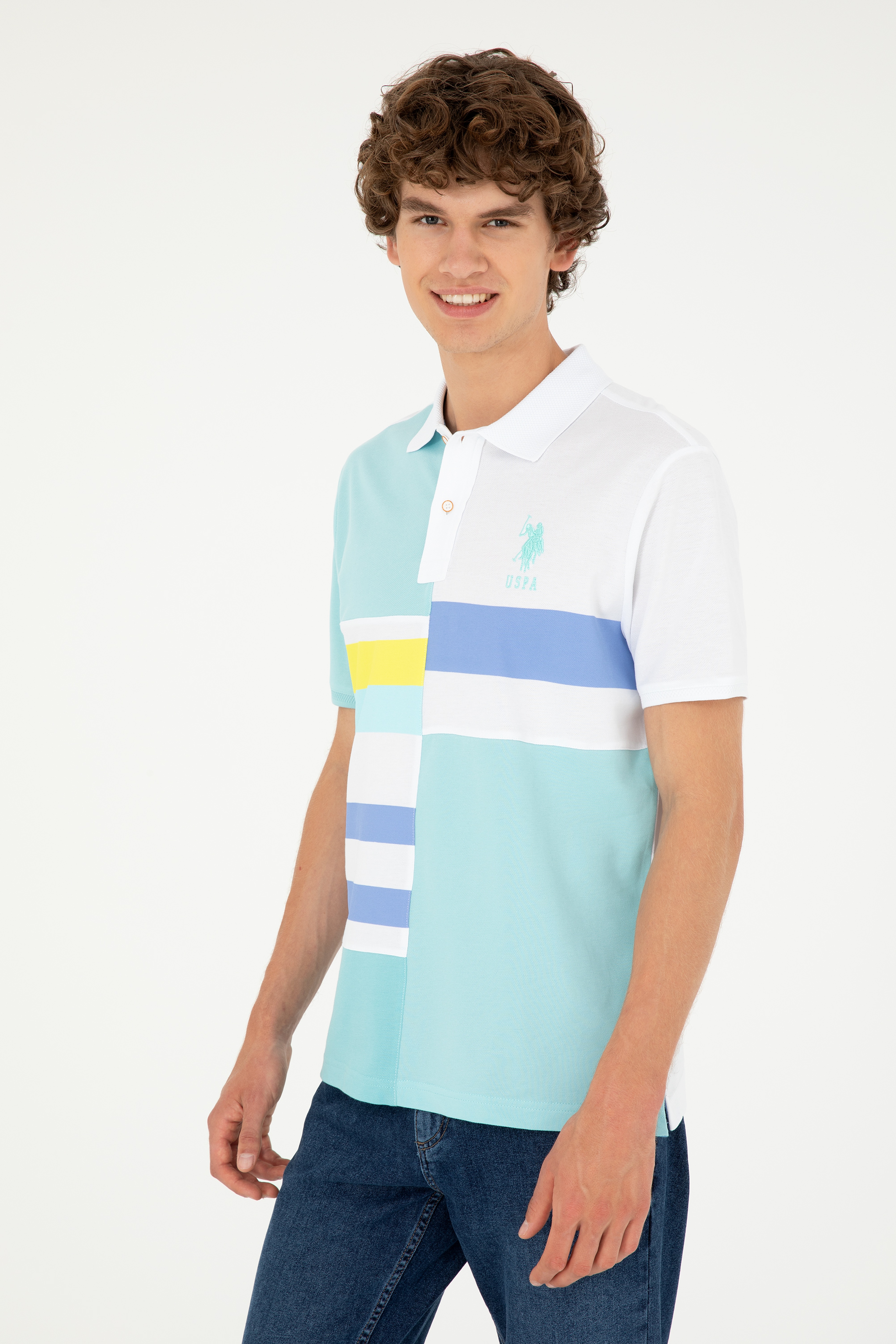 Erkek Regular Fit Polo Yaka Su Yeşili Tişört - Image 3
