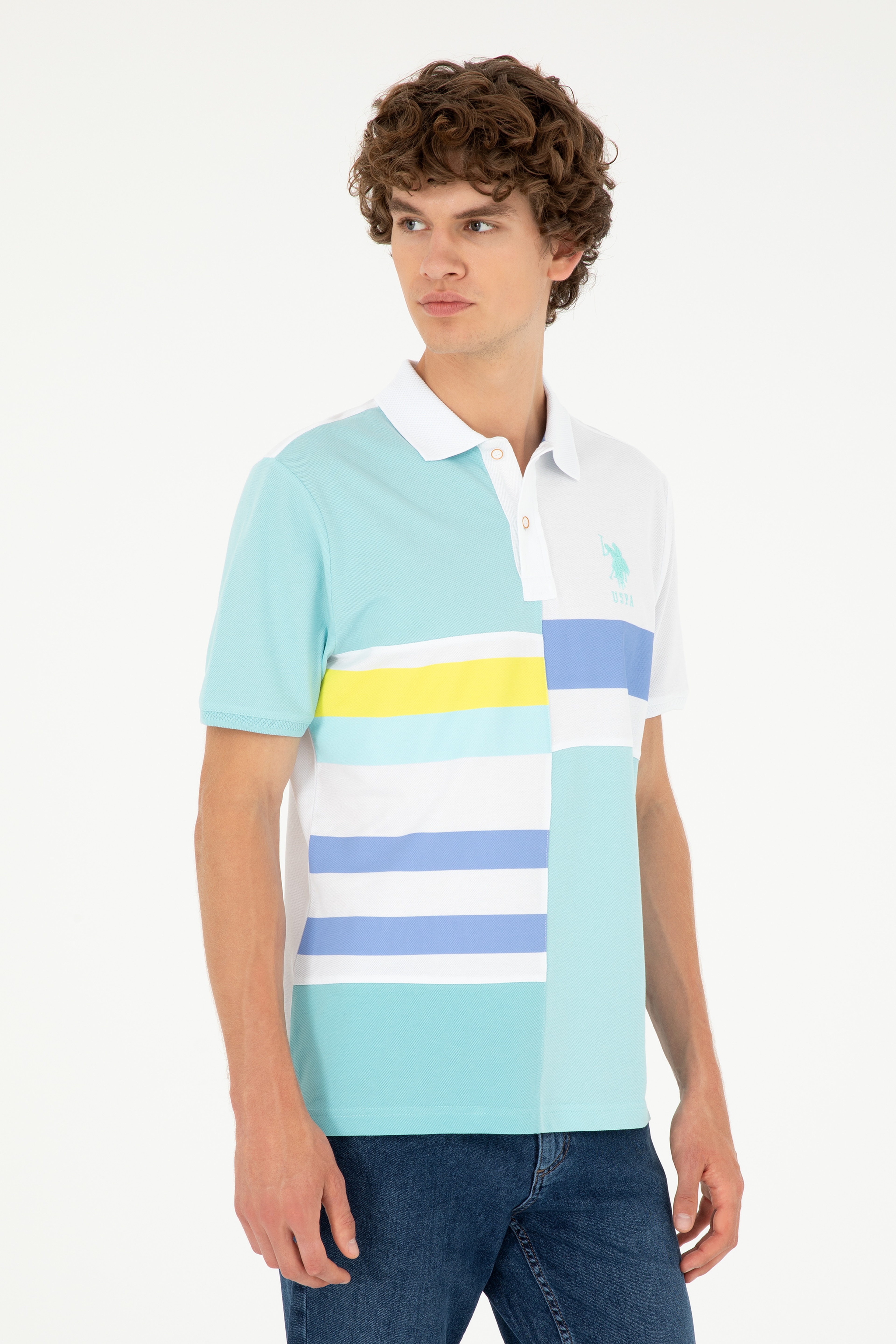 Erkek Regular Fit Polo Yaka Su Yeşili Tişört - Image 1