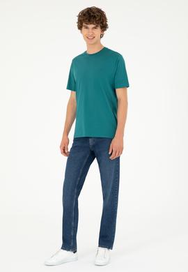 Erkek Regular Fit Bisiklet Yaka Koyu Yeşil Basic - 50294224063