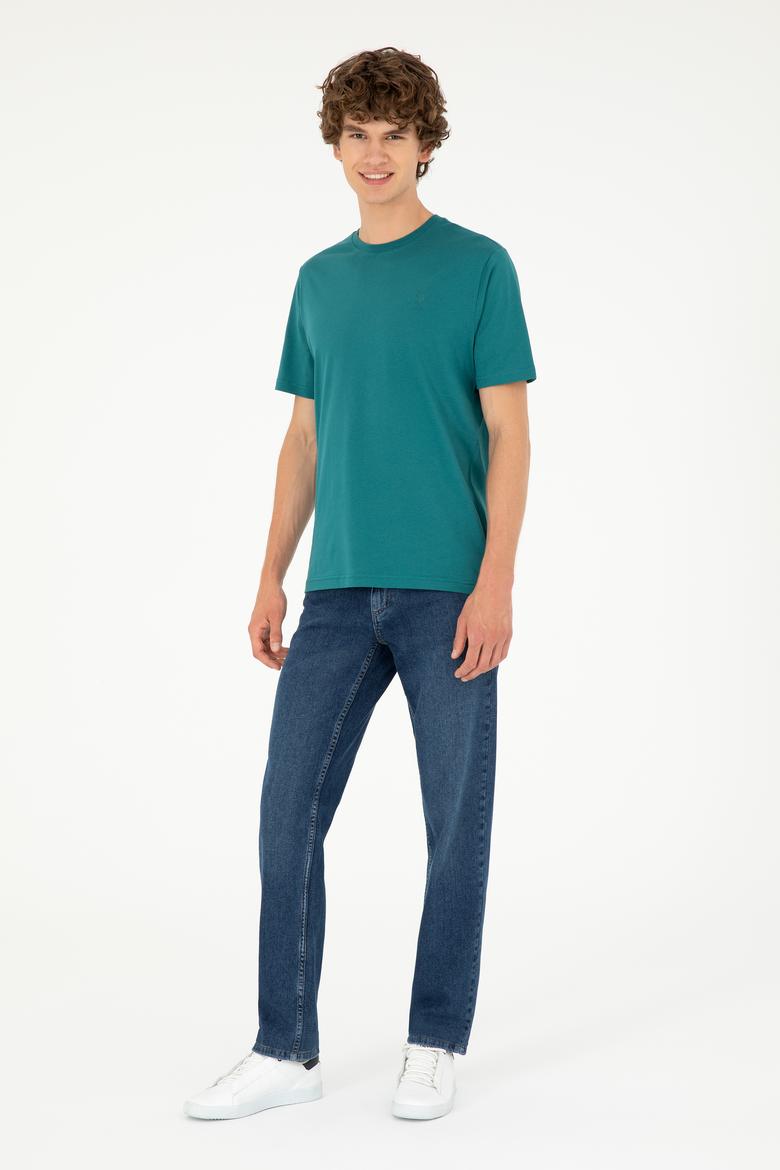 Erkek Regular Fit Bisiklet Yaka Koyu Yeşil Basic - 50294224063