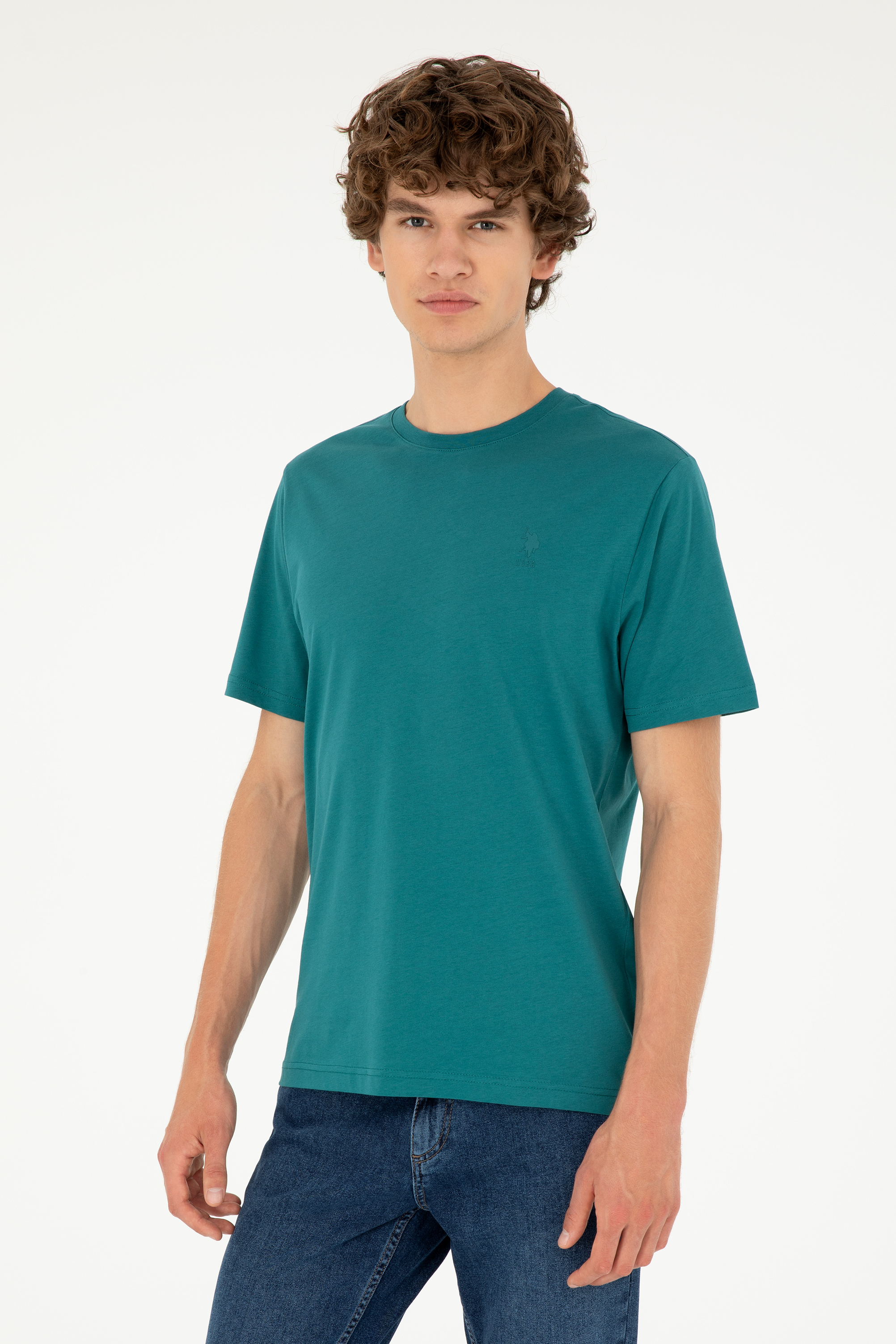 Erkek Regular Fit Bisiklet Yaka Koyu Yeşil Basic - Image 1