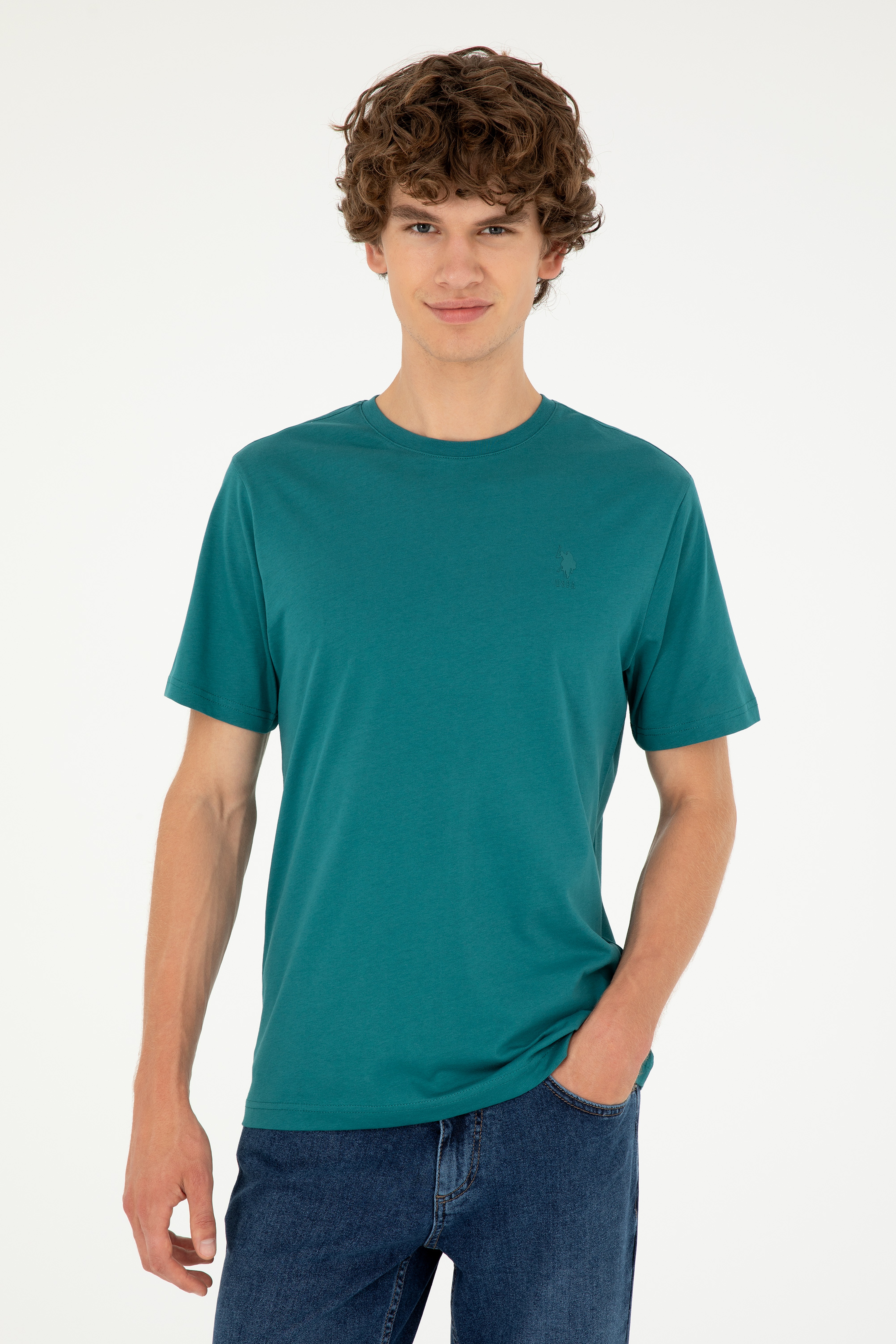 Erkek Regular Fit Bisiklet Yaka Koyu Yeşil Basic - Image 3