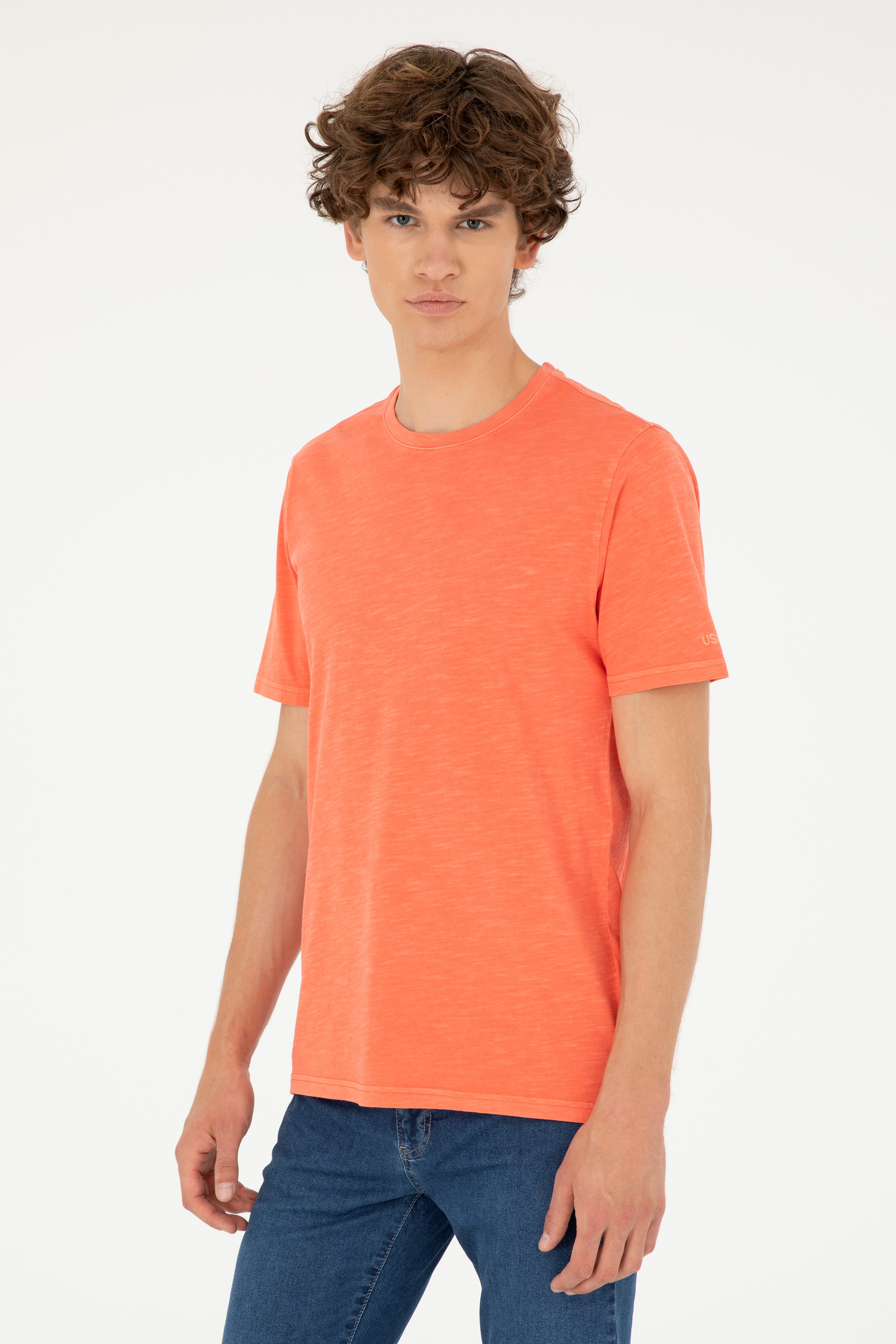 Erkek Regular Fit Bisiklet Yaka Nar Çiçeği Basic Tişört - Image 1