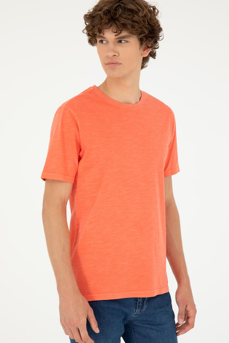 Erkek Regular Fit Bisiklet Yaka Nar Çiçeği Basic Tişört - 50279578051