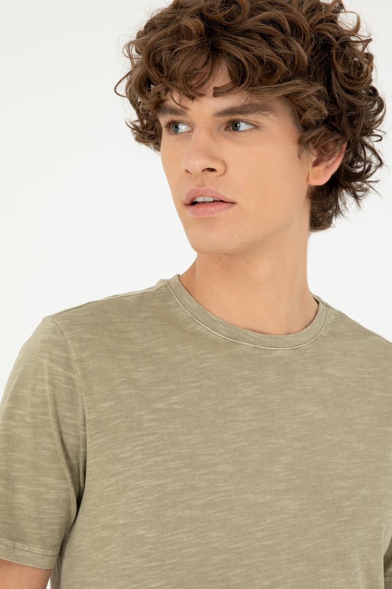 Erkek Regular Fit Bisiklet Yaka Haki Basic Tişört - 50279578011