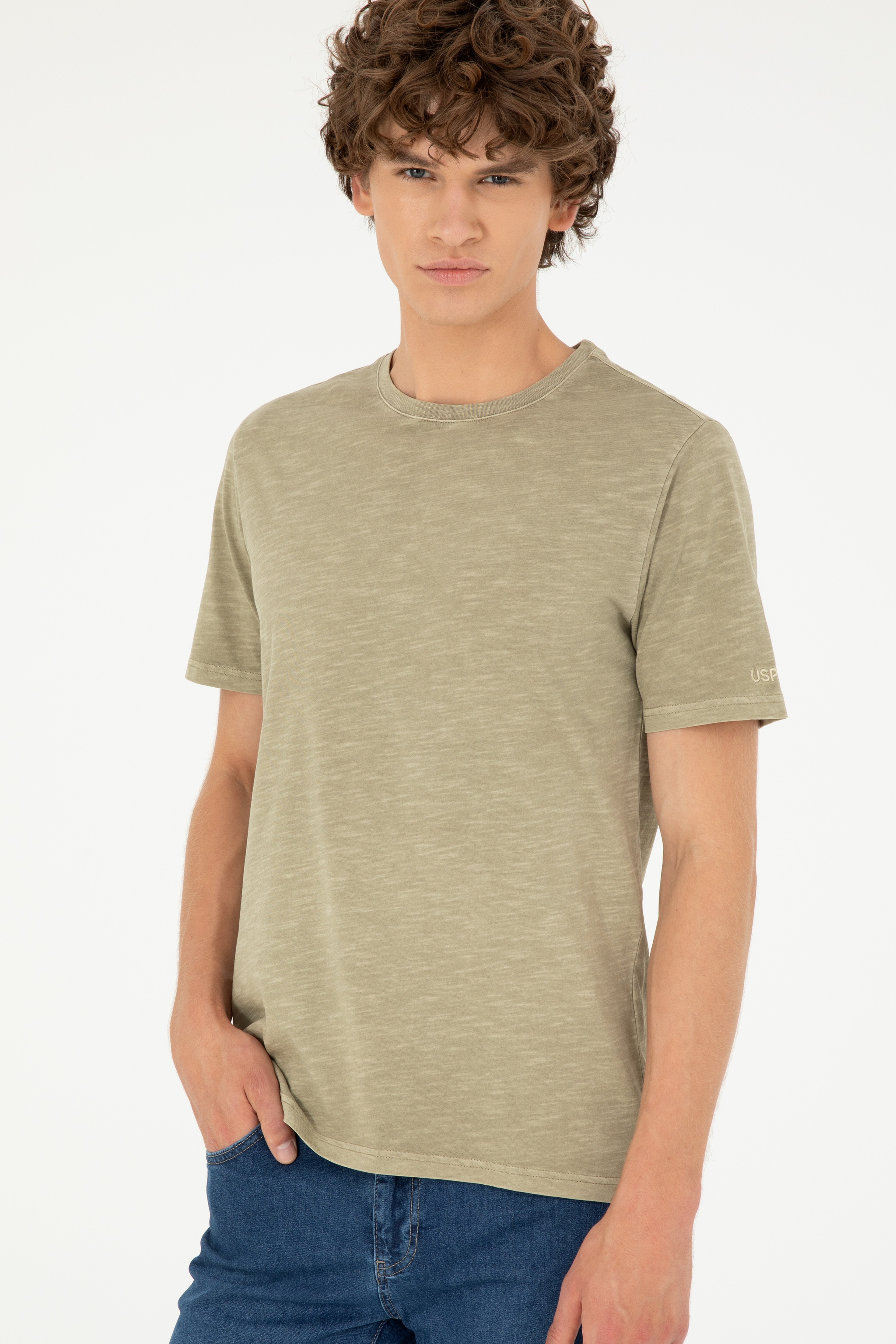 Erkek Regular Fit Bisiklet Yaka Haki Basic Tişört
