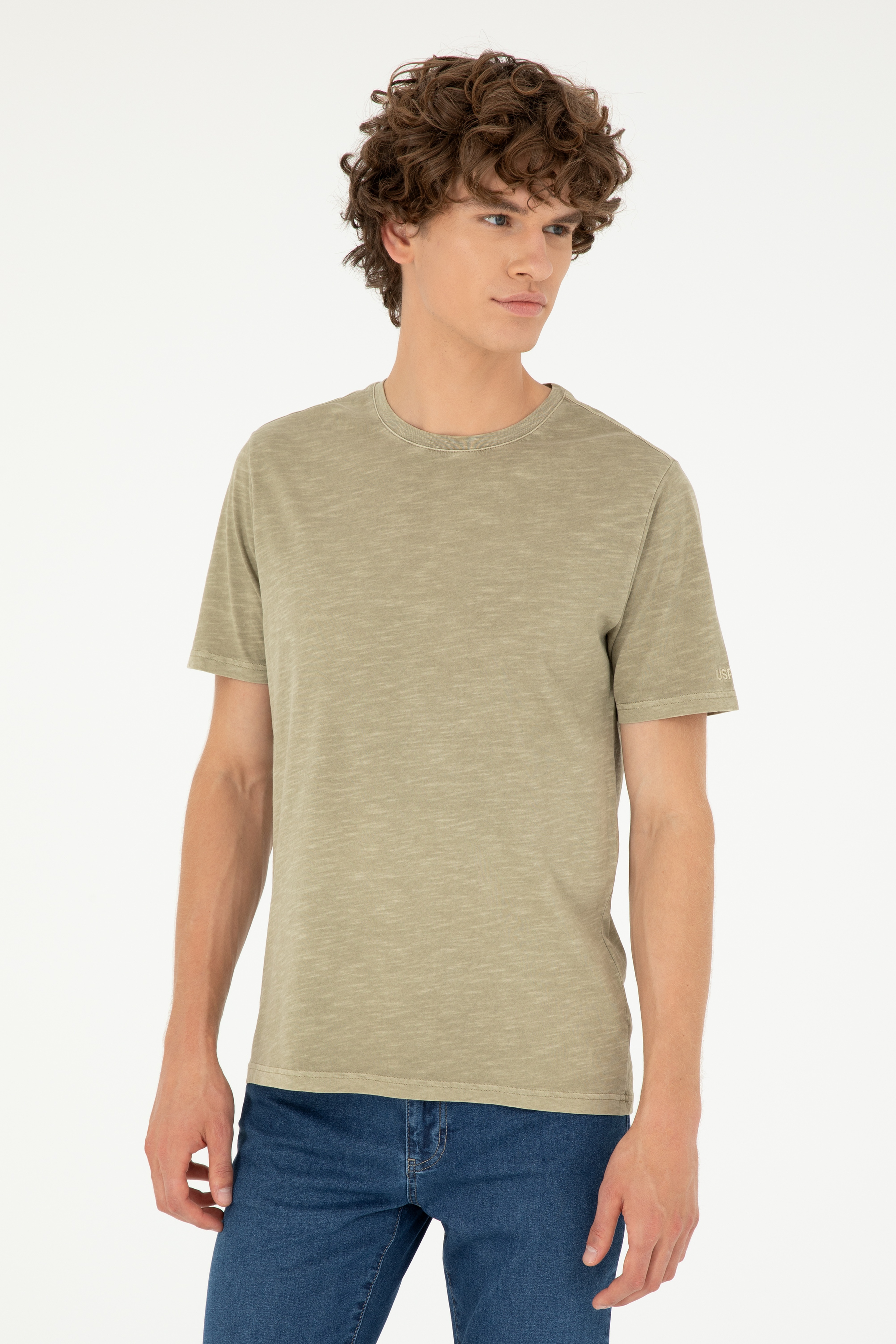 Erkek Regular Fit Bisiklet Yaka Haki Basic Tişört - Image 1