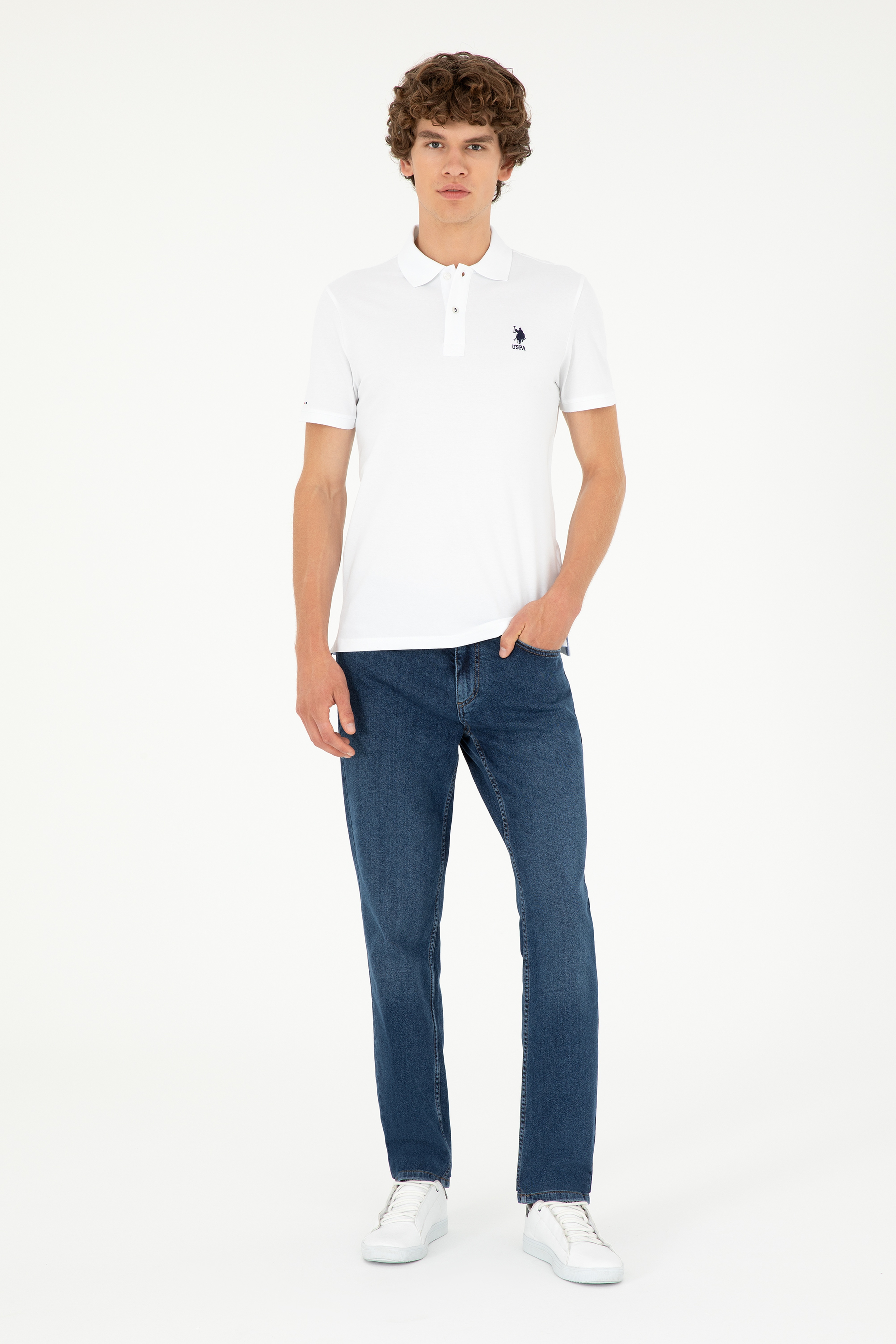 Erkek Slim Fit Polo Yaka Beyaz Basic Tişört - Image 4