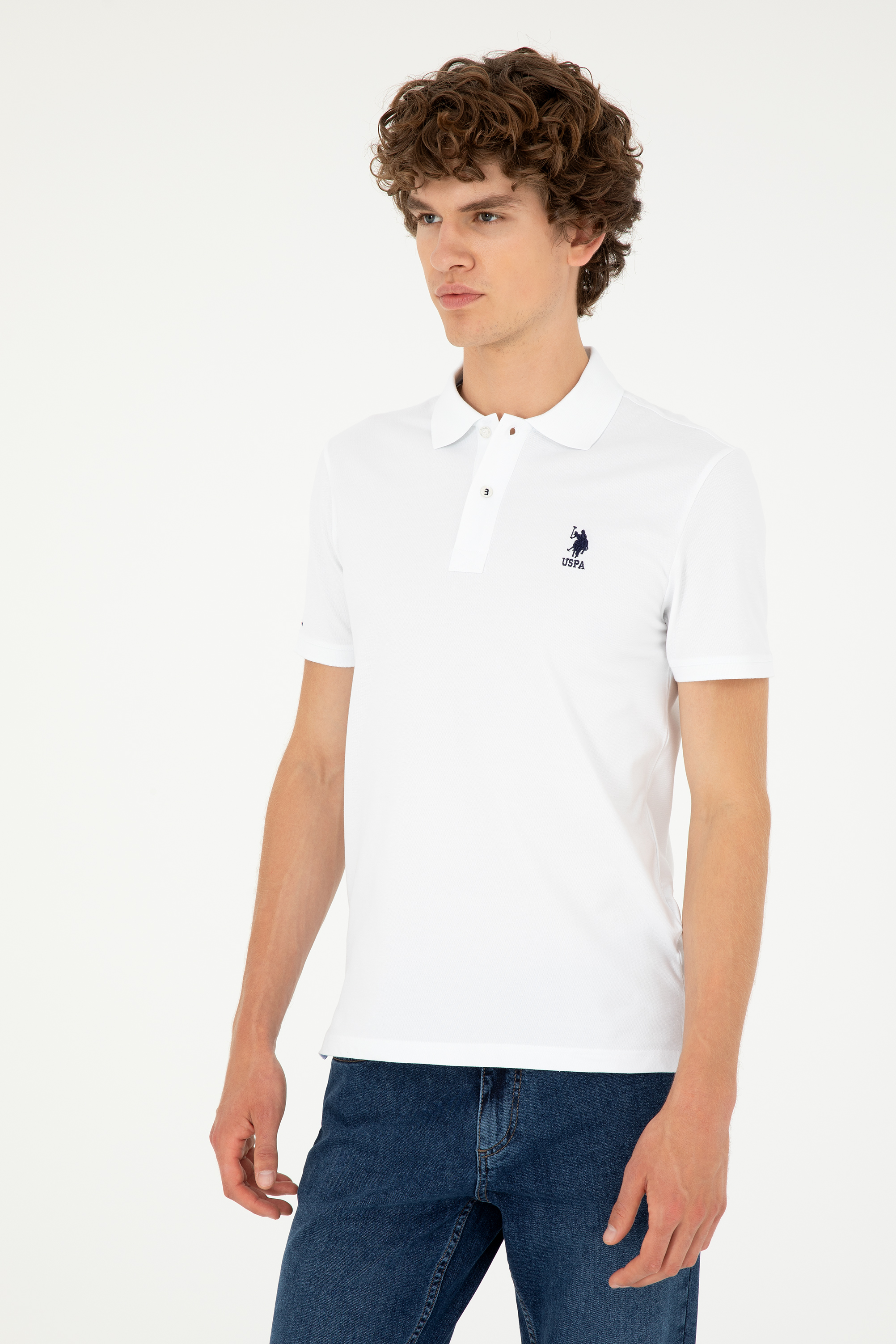 Erkek Slim Fit Polo Yaka Beyaz Basic Tişört
