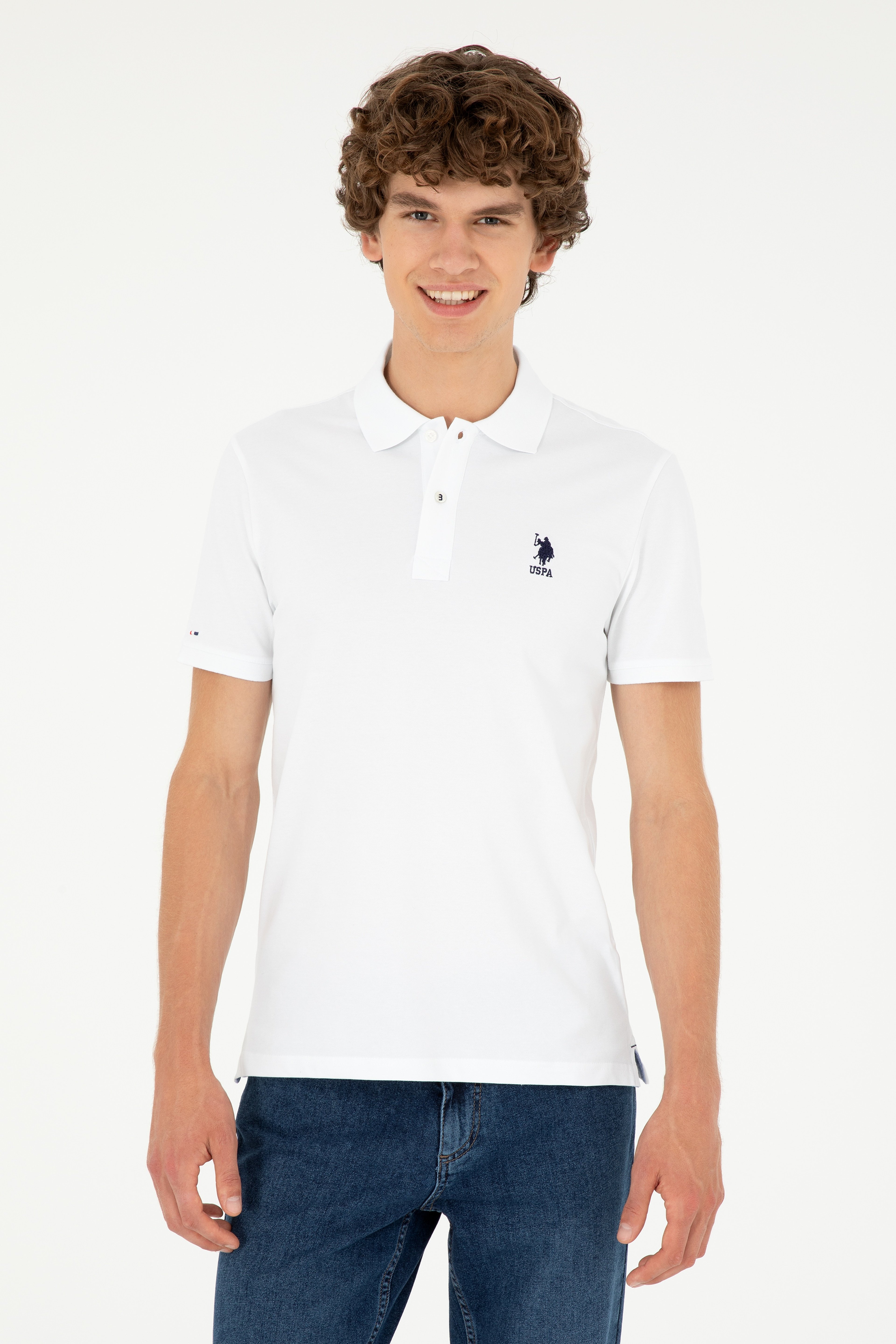 Erkek Slim Fit Polo Yaka Beyaz Basic Tişört - Image 1
