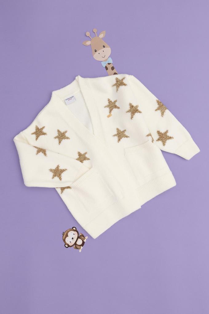 Kız Çocuk Krem V Yaka Triko Hırka