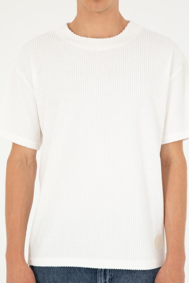 Erkek Oversize Fit Bisiklet Yaka Ekru Tişört - 50282004086