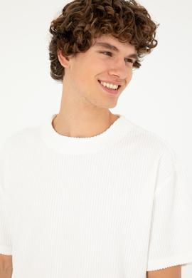 Erkek Oversize Fit Bisiklet Yaka Ekru Tişört - 50282004086