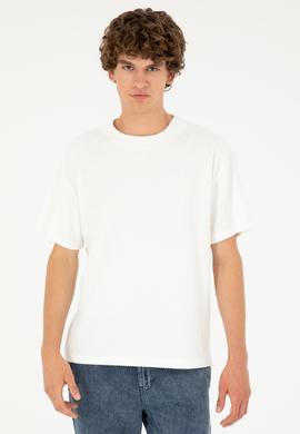 Erkek Oversize Fit Bisiklet Yaka Ekru Tişört - 50282004086