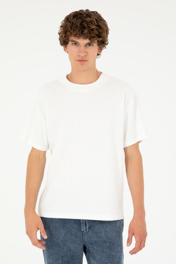 Erkek Oversize Fit Bisiklet Yaka Ekru Tişört