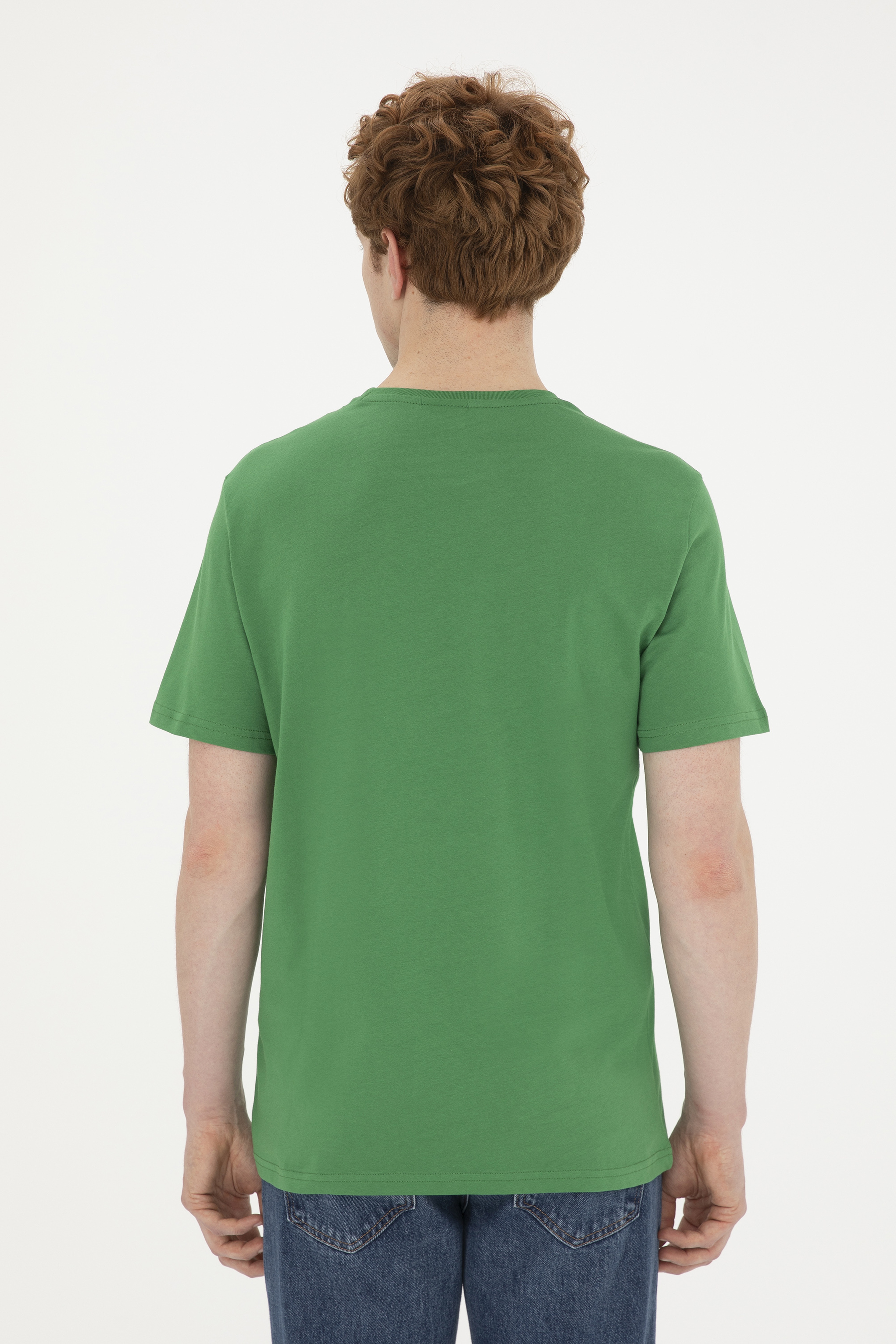 Erkek Regular Fit Bisiklet Yaka Yeşil Basic Tişört - Image 5