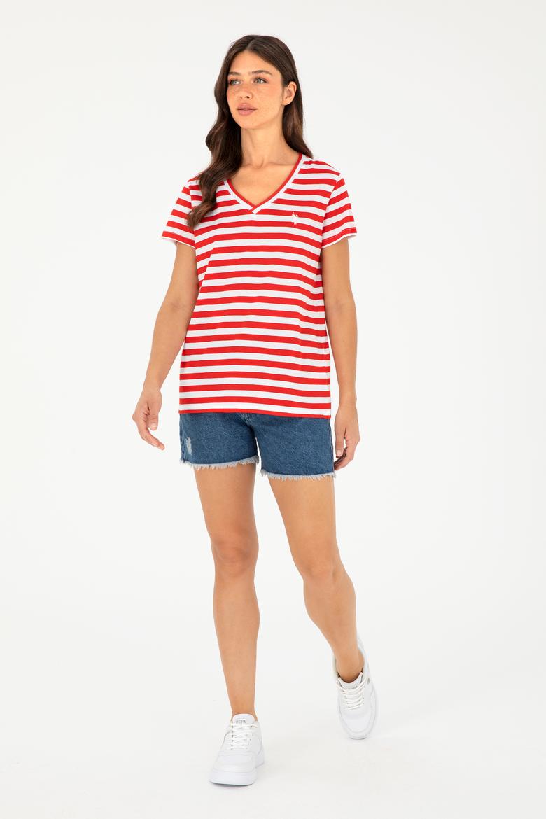 Kadın Kırmızı Çizgili V Yaka Tişört - 50296151003