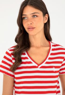 Kadın Kırmızı Çizgili V Yaka Tişört - 50296151003
