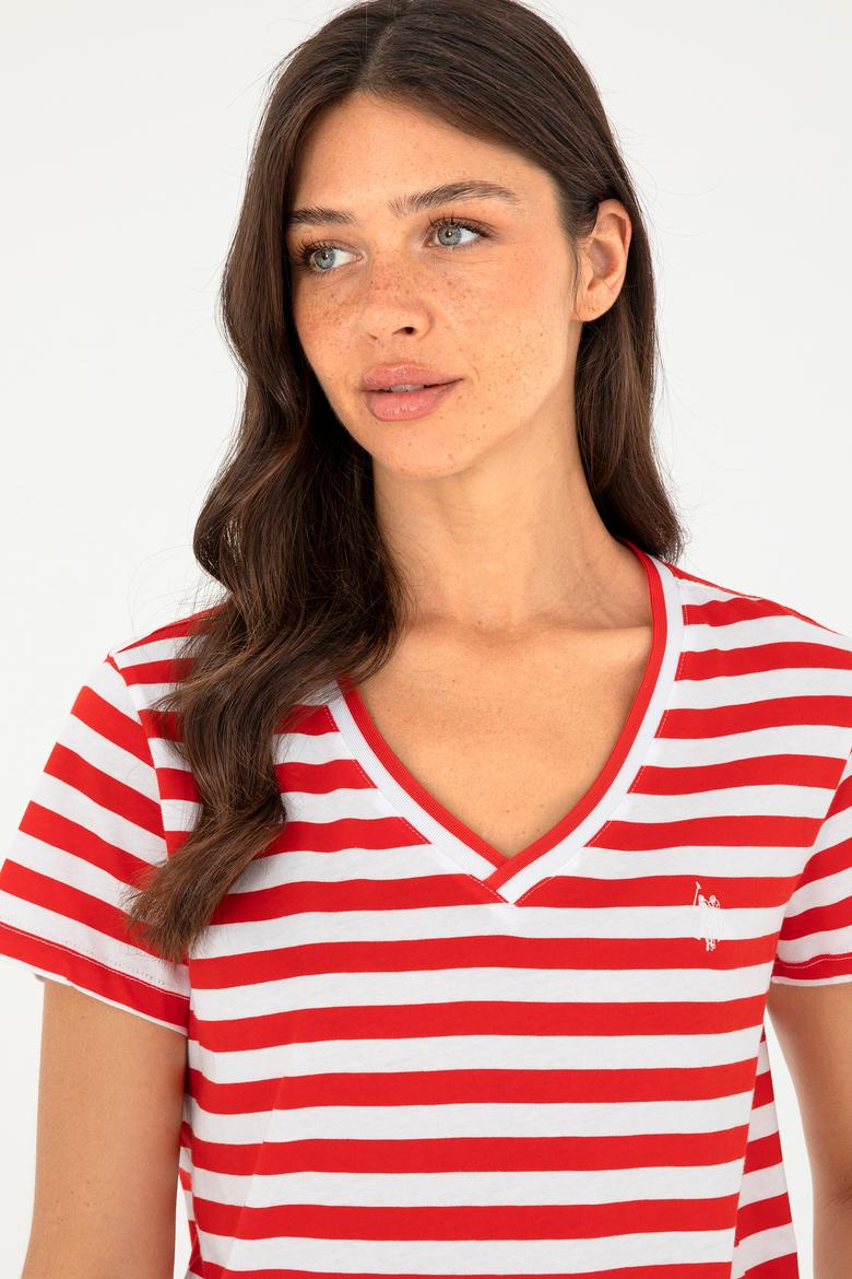 Kadın Kırmızı Çizgili V Yaka Tişört - 50296151003