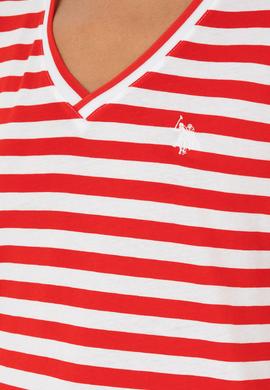Kadın Kırmızı Çizgili V Yaka Tişört - 50296151003
