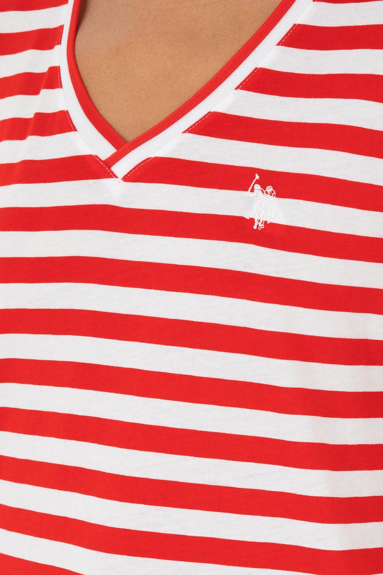 Kadın Kırmızı Çizgili V Yaka Tişört - 50296151003