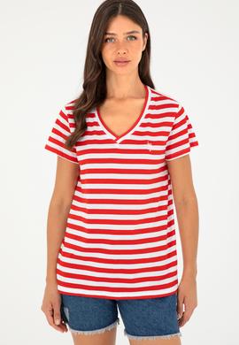 Kadın Kırmızı Çizgili V Yaka Tişört - 50296151003