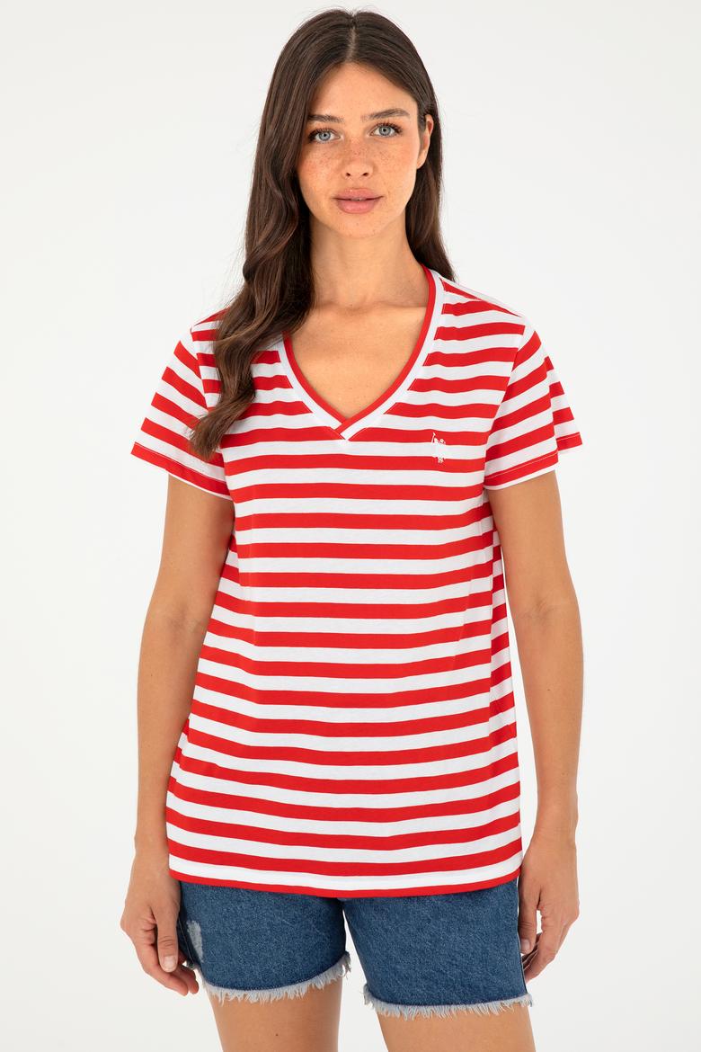 Kadın Kırmızı Çizgili V Yaka Tişört - 50296151003