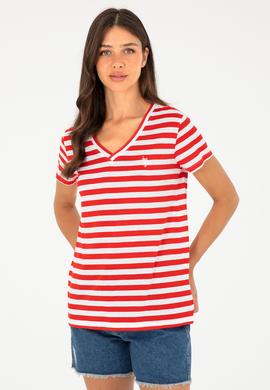 Kadın Kırmızı Çizgili V Yaka Tişört - 50296151003