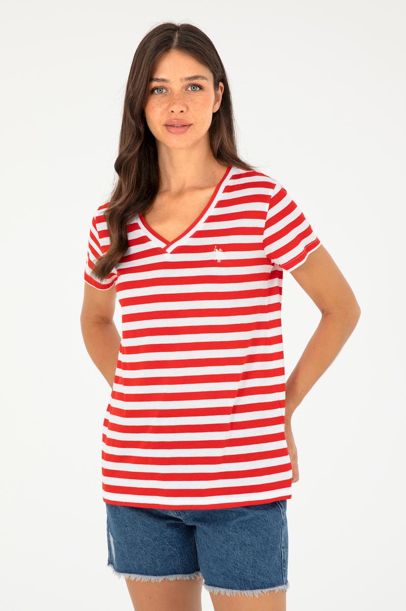 Kadın Kırmızı Çizgili V Yaka Tişört