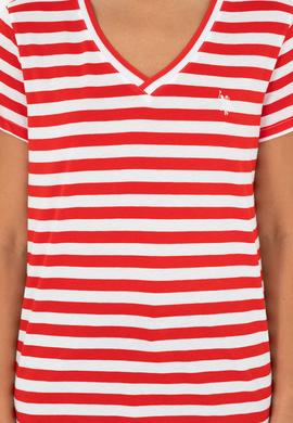 Kadın Kırmızı Çizgili V Yaka Tişört - 50296151003
