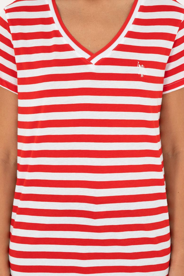 Kadın Kırmızı Çizgili V Yaka Tişört - 50296151003