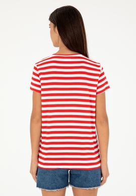 Kadın Kırmızı Çizgili V Yaka Tişört - 50296151003