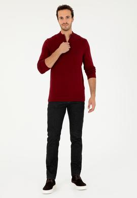 Erkek Slim Fit Yarım Fermuarlı Bordo Basic Kazak - 50293517033