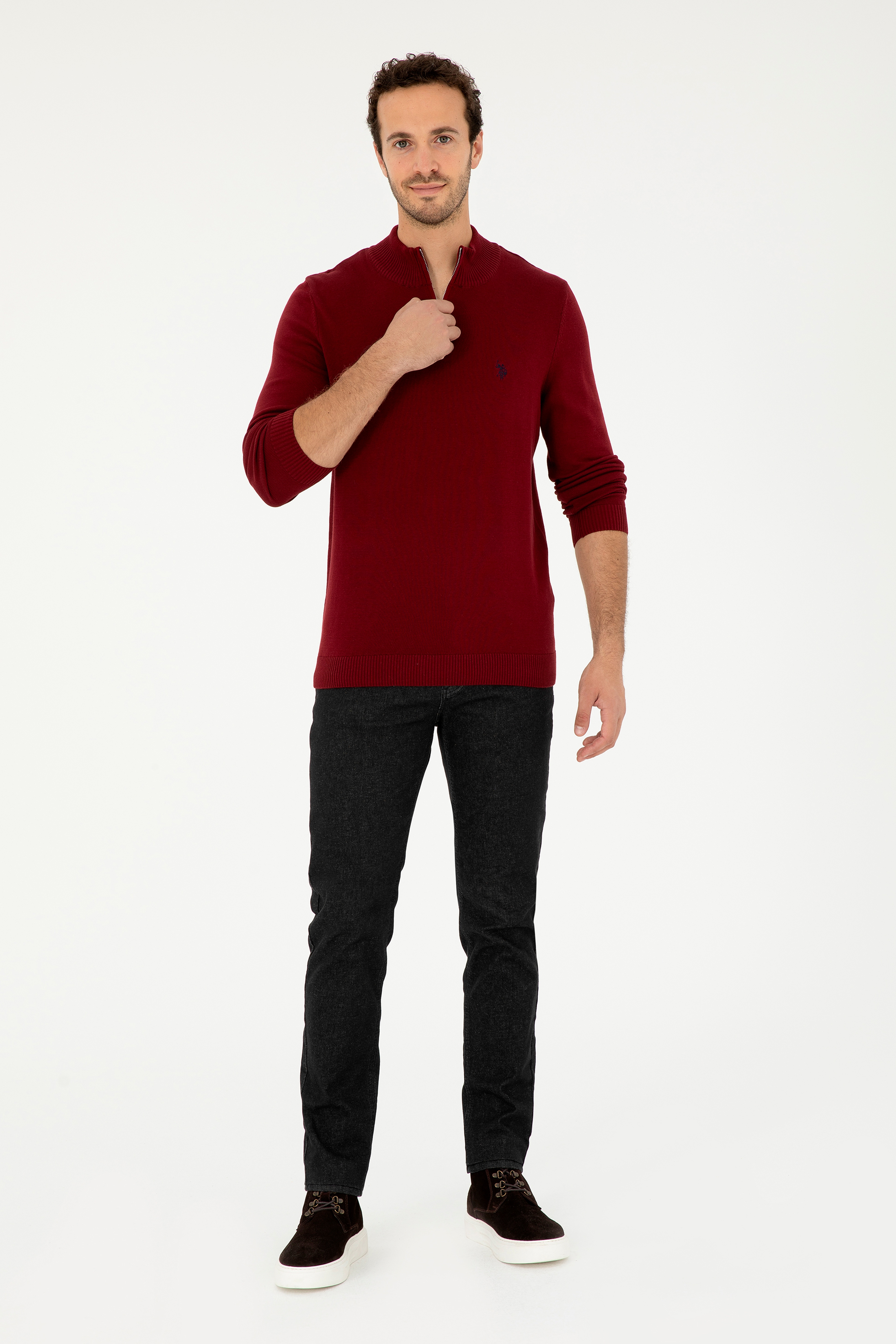 Erkek Slim Fit Yarım Fermuarlı Bordo Basic Kazak - Image 4