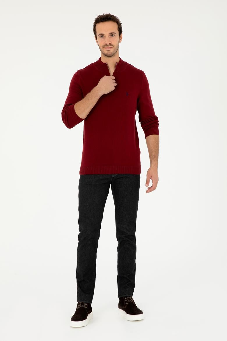 Erkek Slim Fit Yarım Fermuarlı Bordo Basic Kazak - 50293517033