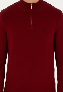 Erkek Slim Fit Yarım Fermuarlı Bordo Basic Kazak - 50293517033