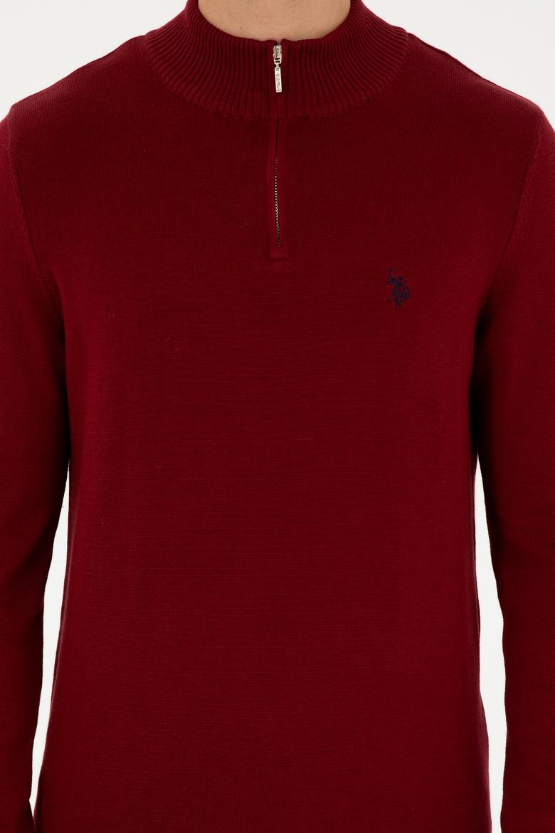 Erkek Slim Fit Yarım Fermuarlı Bordo Basic Kazak - 50293517033