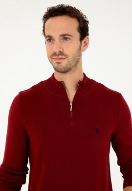 Erkek Slim Fit Yarım Fermuarlı Bordo Basic Kazak - 50293517033