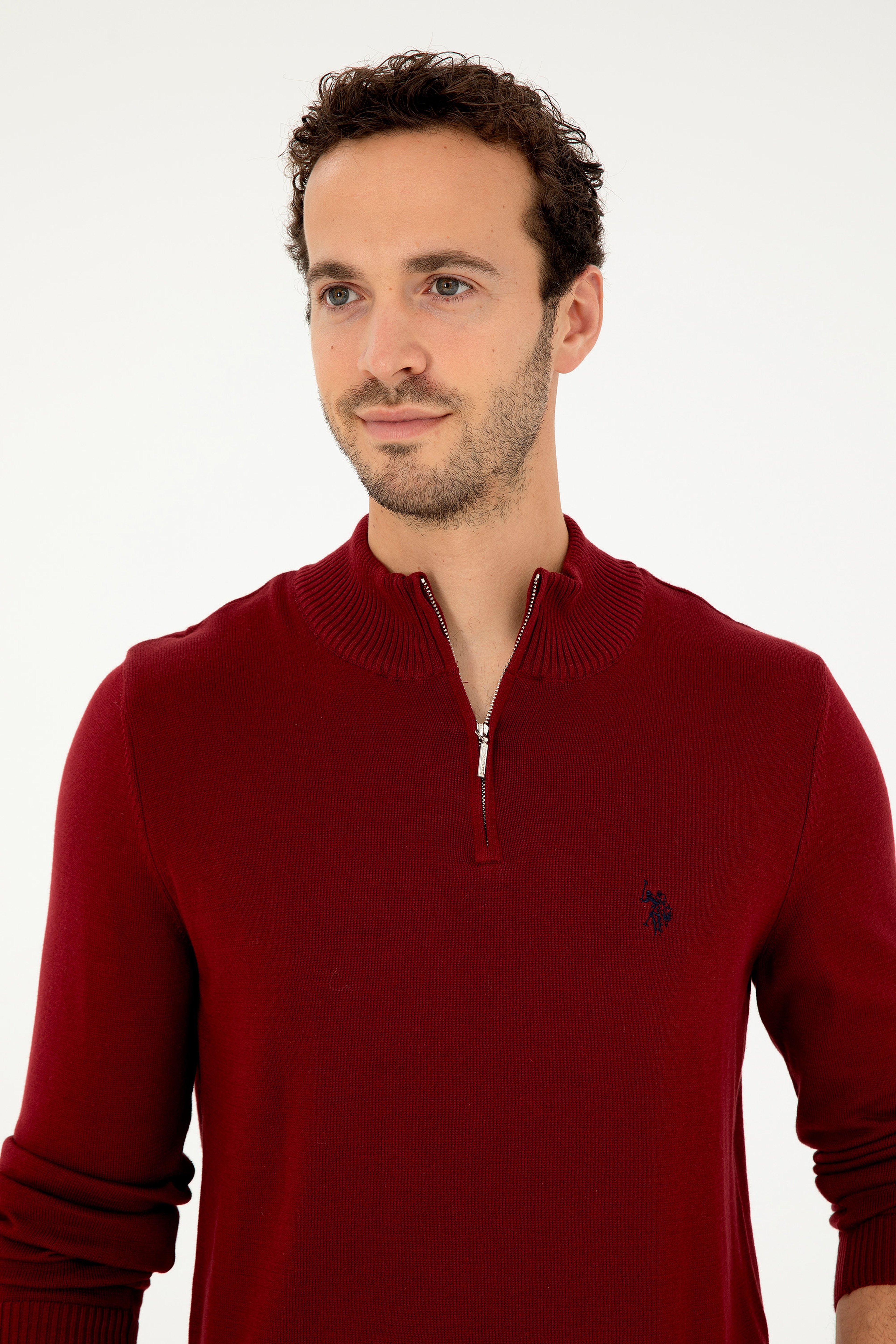 Erkek Slim Fit Yarım Fermuarlı Bordo Basic Kazak