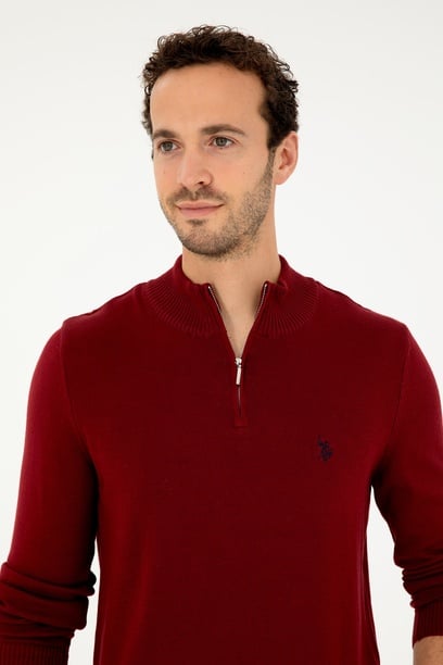 Erkek Slim Fit Yarım Fermuarlı Bordo Basic Kazak